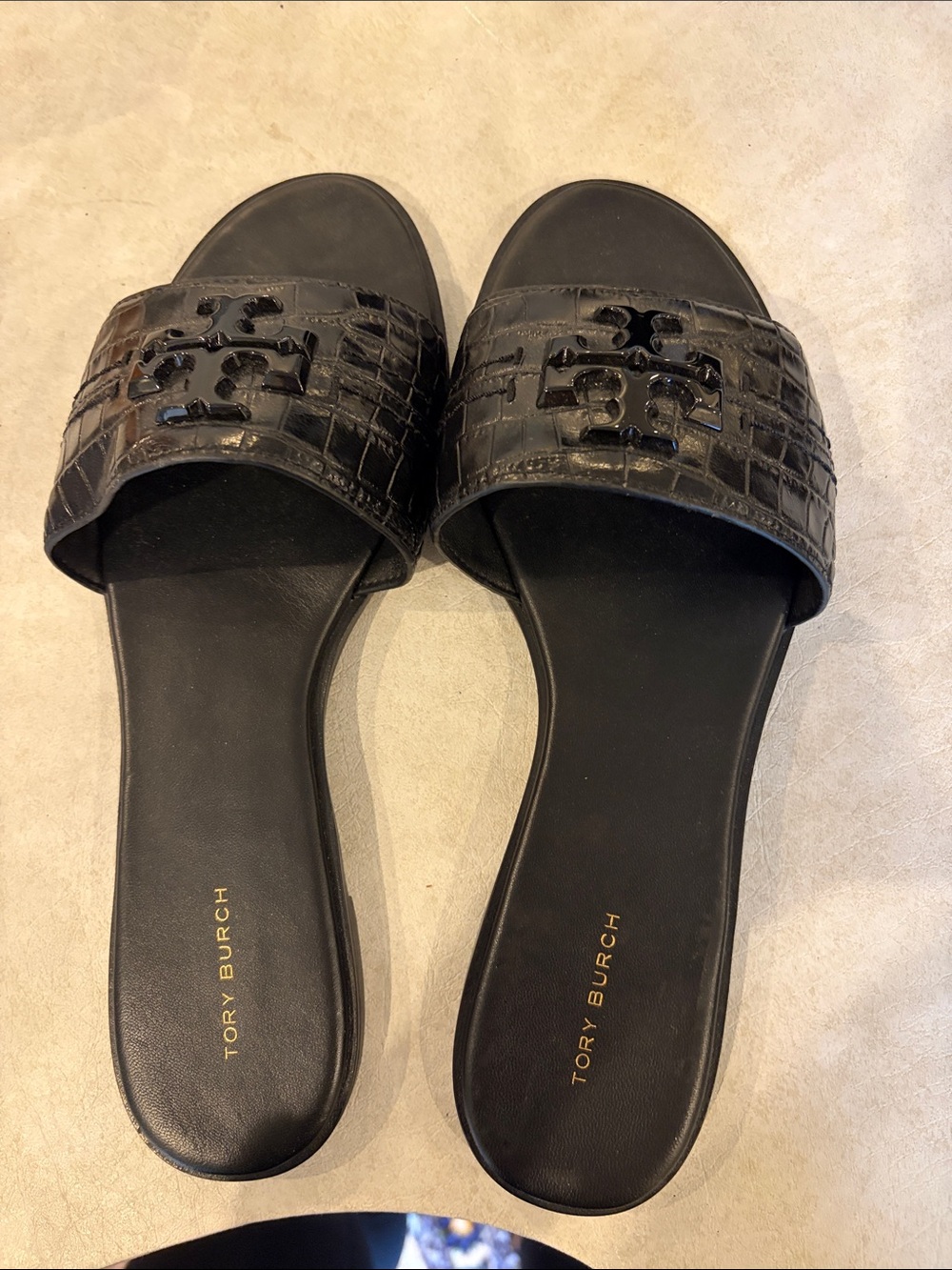 Tory Burch Black Croc-Embossed Logo Slide Sandals